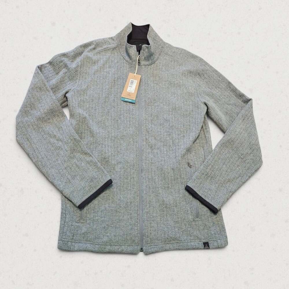 prAna Barclay Sweater Jacket Mens Large Gray Gravel Full Zip Wool Blend NWT